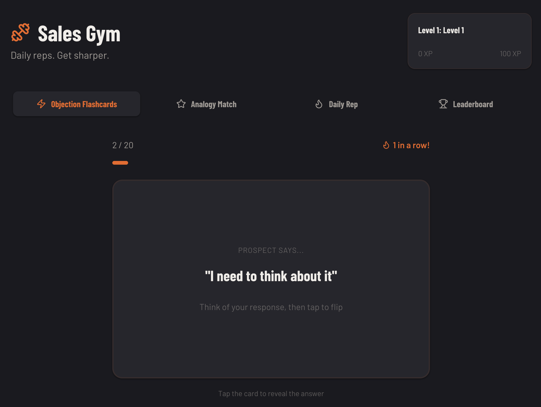 Sales Gym showing an objection flashcard: prospect says I need to think about it, with streak counter and level progress